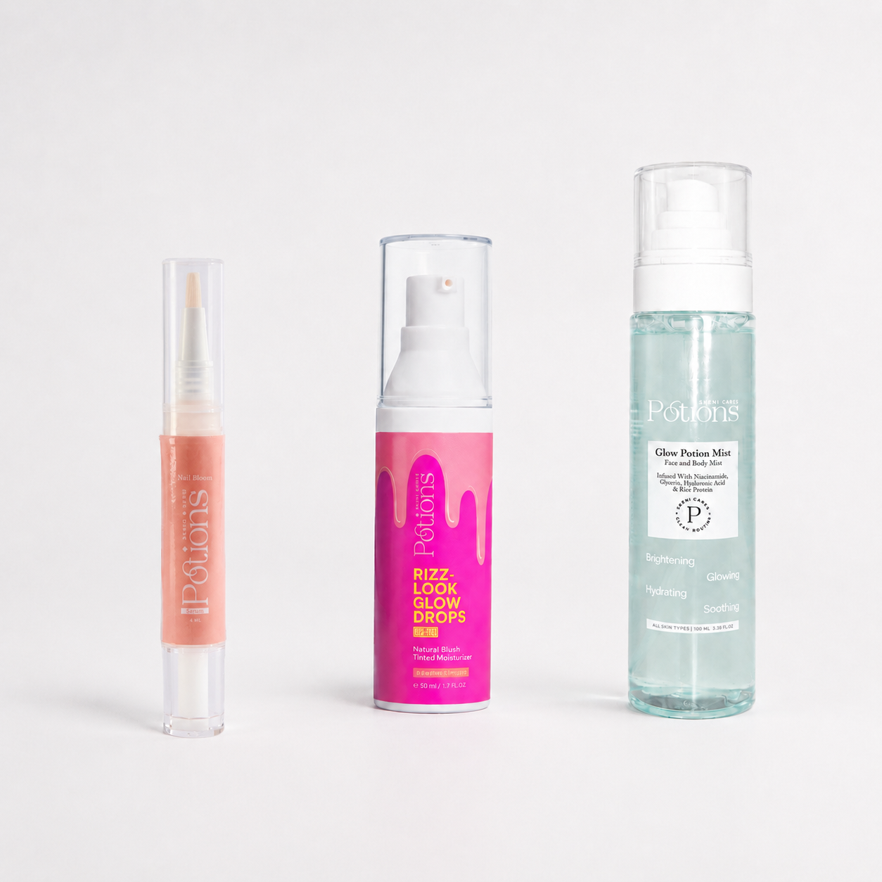 Three Porphys skincare products arranged side-by-side on a light gray background: a peach-colored lip gloss tube, a pink and white 'Rice, Look, Glow Drops' spray bottle, and a clear bottle of 'Glow Potion Mist' containing a light blue-green liquid.